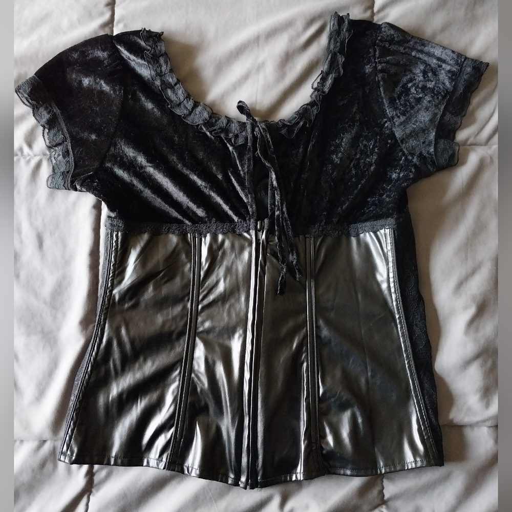 Vintage Tripp nyc Y2K velvet, lace & pleather corset bodice top - Picture 2 of 9
